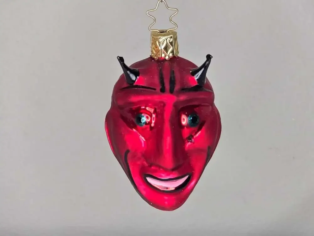 Inge Glas Red Krampus Devil Head Glass Christmas Ornament with Horns